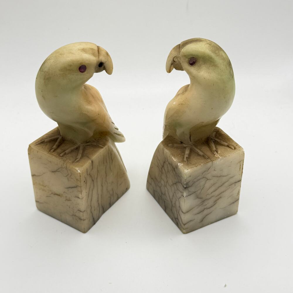 Parrot Bookends Pair Set Hand Carved Stone Alabaster Glass Eyes Italy Vintage